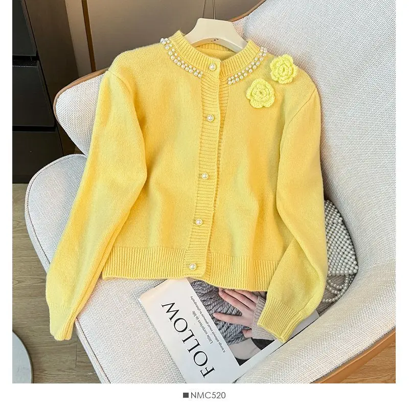 Female Sweet Bright Line Decoration Solid Color Knitting Cardigan Autumn Winter Women Clothing Simplicity Buttons O-neck Sweater