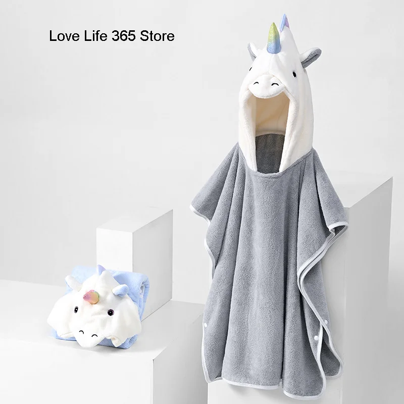 Unicorn Coral Fleece Absorbent Hooded Cloak Bathrobe Bath Towels Cute Children Newborn Baby Super Soft Can Be Worn Blanket