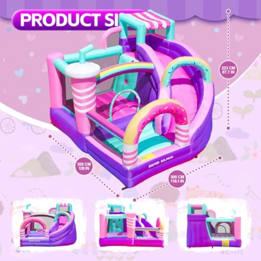 Casa de rebote inflable con tobogán, castillo de rebote, castillo inflable para interiores y exteriores, área de juego multifunción con pared trepadora, rosa a