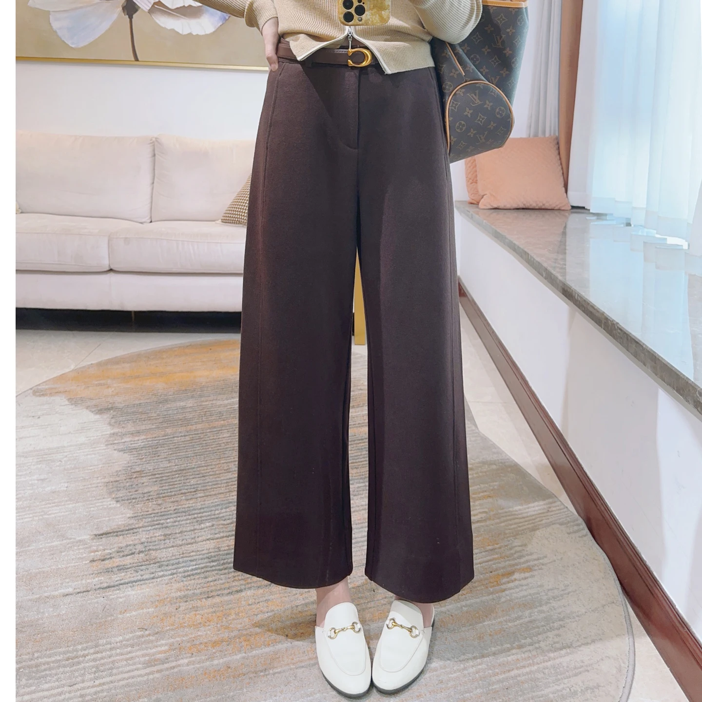 

High Waist Woolen Suit Pants Straight Leg Nine Points Women's Slim Wide Leg Pants Commute Sle Ele Ladies Trousers