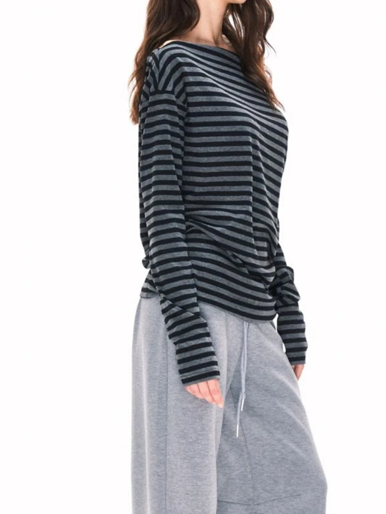 Y2k Aesthetics Stripes Slash Neck Tops Women Harajuku Casual Streetwear T-shirt Vintage Long Sleeve Simple Shirts Grunge E-girls