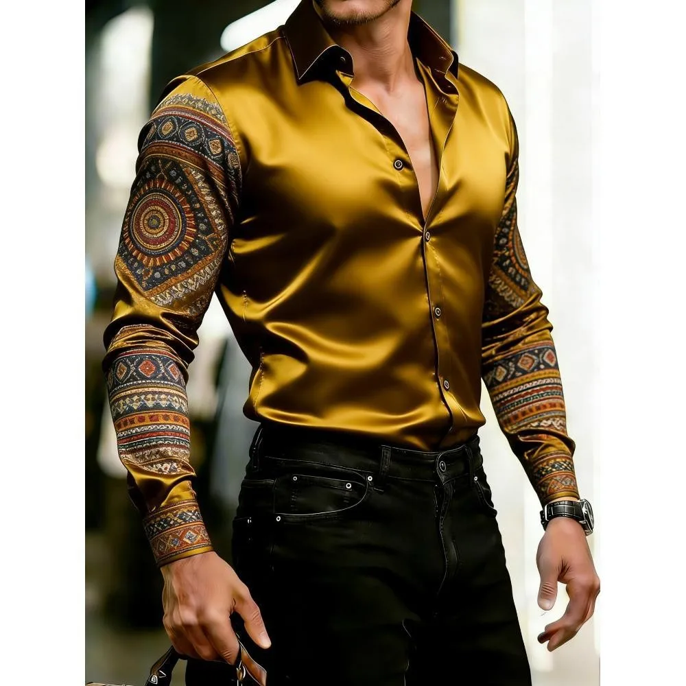 Vintage Men's Luxurious Satin Long Sleeved Shirt Printed Pattern Design Street Business Leisure Outdoor Casual Wear