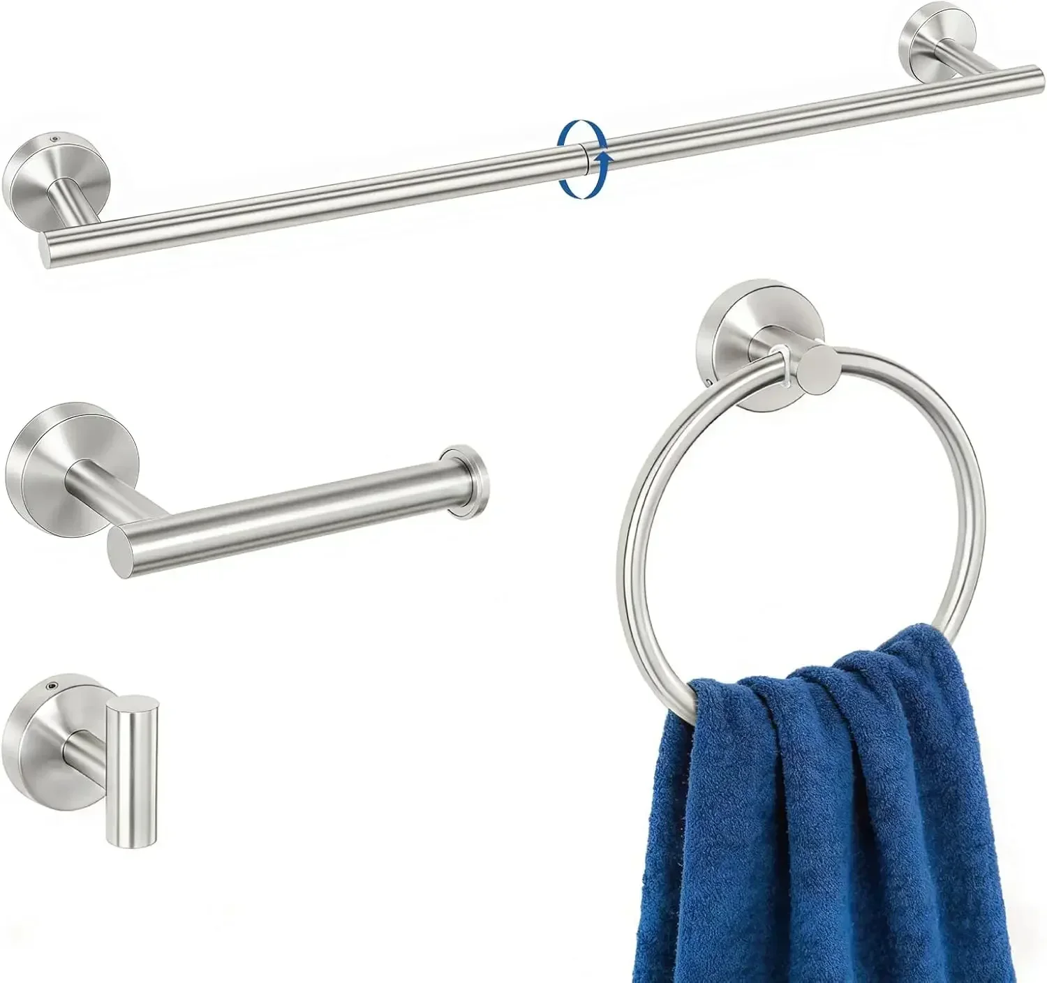 4 Pieces Bathroom Accessories Hardware Set, 24 inch Towel Bar, Towel Ring, Robe Hook, Toilet Paper Holder, Stainless Steel Rack Kit Wall Mounted, Brushed Stainless Steel