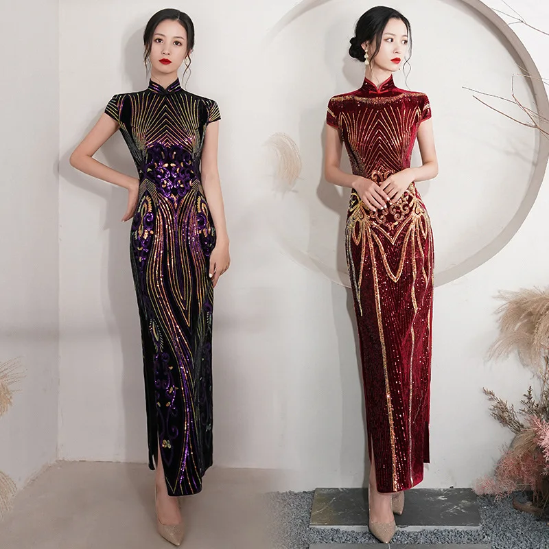 

Oversize 4XL Sexy Velour Sequin Flower Cheongsam Women Slim Velvet Qipao Elegant Evening Party Dress Short Sleeve Vestidos