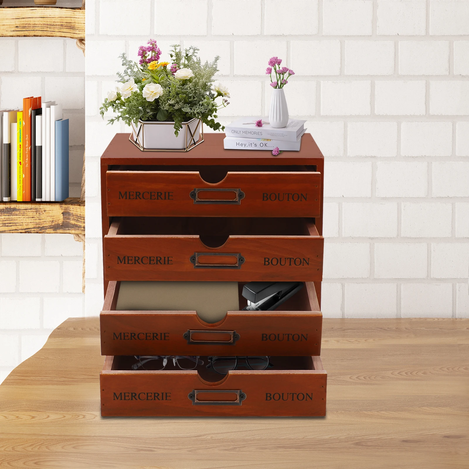 

Vintage 4-Tier Drawer Organizer with Label-Ready Drawers, Compact Desktop Storage Cabinet - 11 Lbs Capacity, 9.6x6.9x9.6 Inch