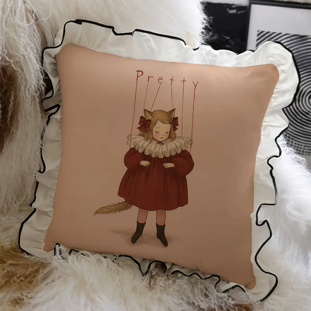 Cartoon Girl Printed Pillow Washed Cotton White Ruffled Sofa Bed Car Cushion Cover Pillow Core Home Decorative Pillowcase45x45cm