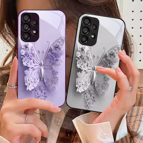 Green Flower Butterfly For Samsung S25 Edge　S25Ultra S8 S9 S10 S20 U ltra S21 Pro S22 Plus S23 FE S24 Ultra Glass Phone Case