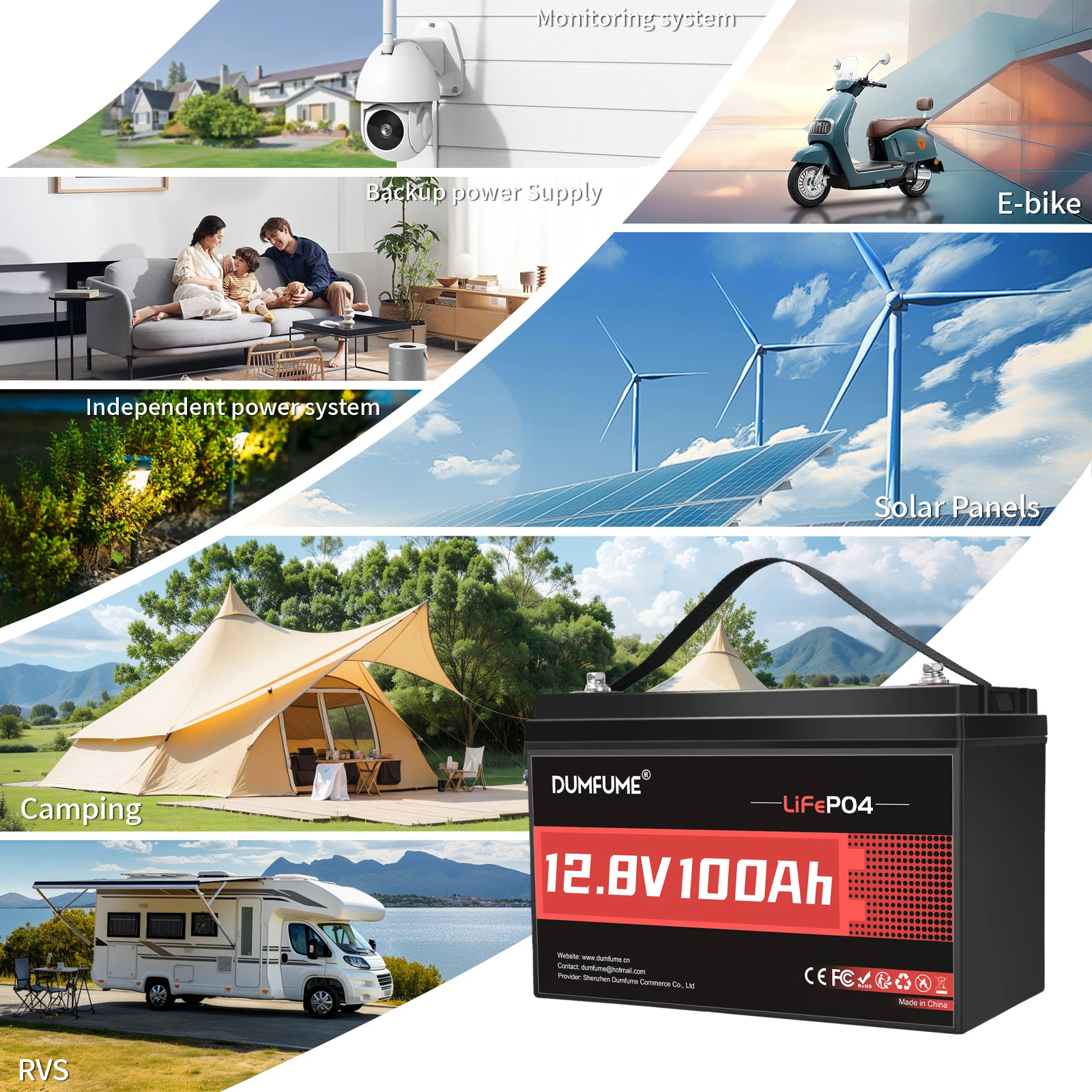 Dumfume 12V 100Ah Lifepo4 Lithium Battery 100A BMS 12V 600Ah/12V 314Ah/24V 100Ah/36V 100Ah Battery Solar RV 1 Year Warranty