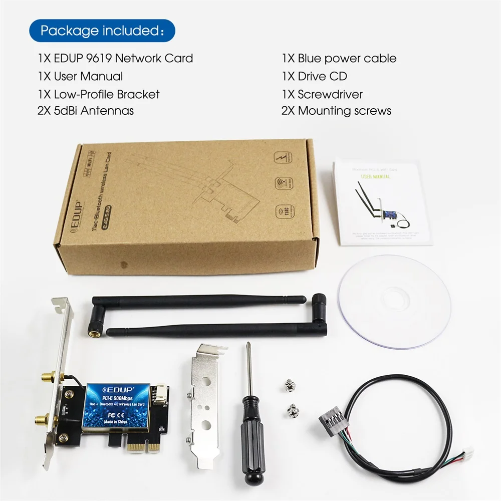 EDUP – carte réseau wi-fi PCI Express 600 GHz/5GHz, 2.4 mb/s, LAN, sans fil, avec connecteur bleu, adaptateur ac/b/G/n, 802.11