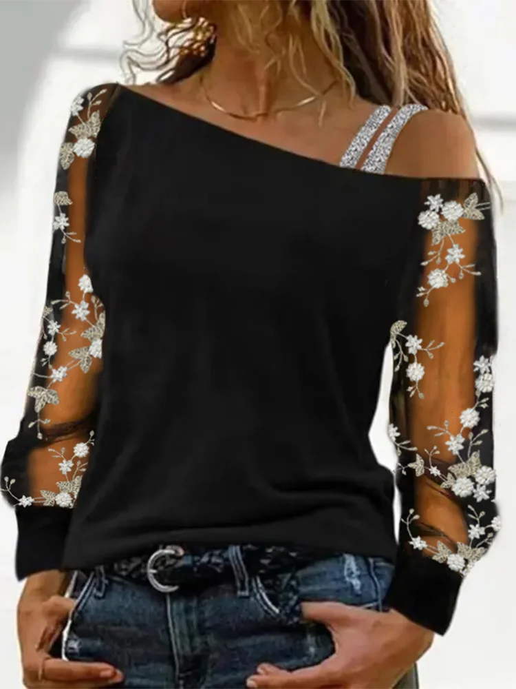 Sexy schulterfreies Oberteil mit schrägem Kragen, langen Ärmeln und Spitzenmuster für Damen, vielseitig für den Alltag, Dating, Partys, Herbst-Oberteile. – Detail 4