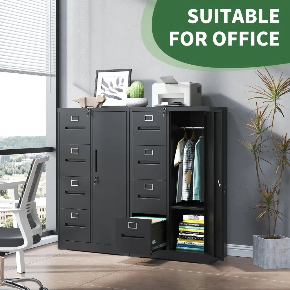 Vertikaler Aktenschrank mit 4 Schubladen, Schloss und 1 Tür, Aktenschrank mit A4-Regalen/Buchstaben, Schwarz, Montage erforderlich