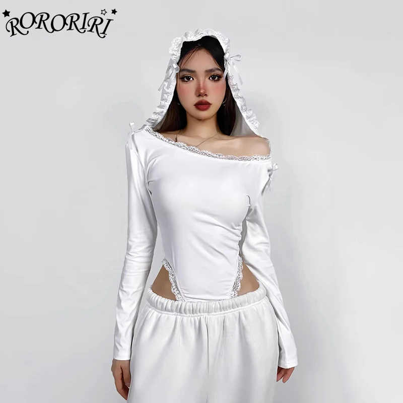 

RORORIRI Desire боди с капюшоном и кружевной отделкой, женское боди с длинными рукавами и открытыми плечами, бантом, высоким вырезом, однотонный белый топ, сексуальная одежда в стиле ретро