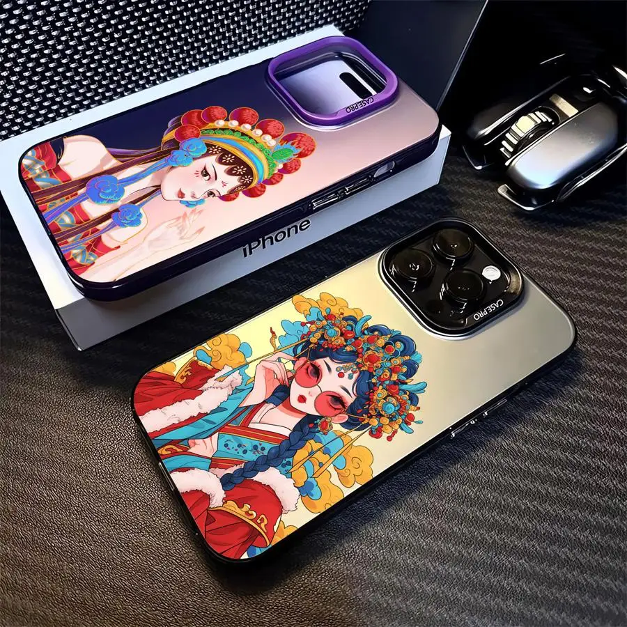 Beijing Opera Cool Girl Colored Silver Case for Apple iPhone 11 13 15 Pro Max 12 14  XR X XS Shockproof Protective Phone Cover