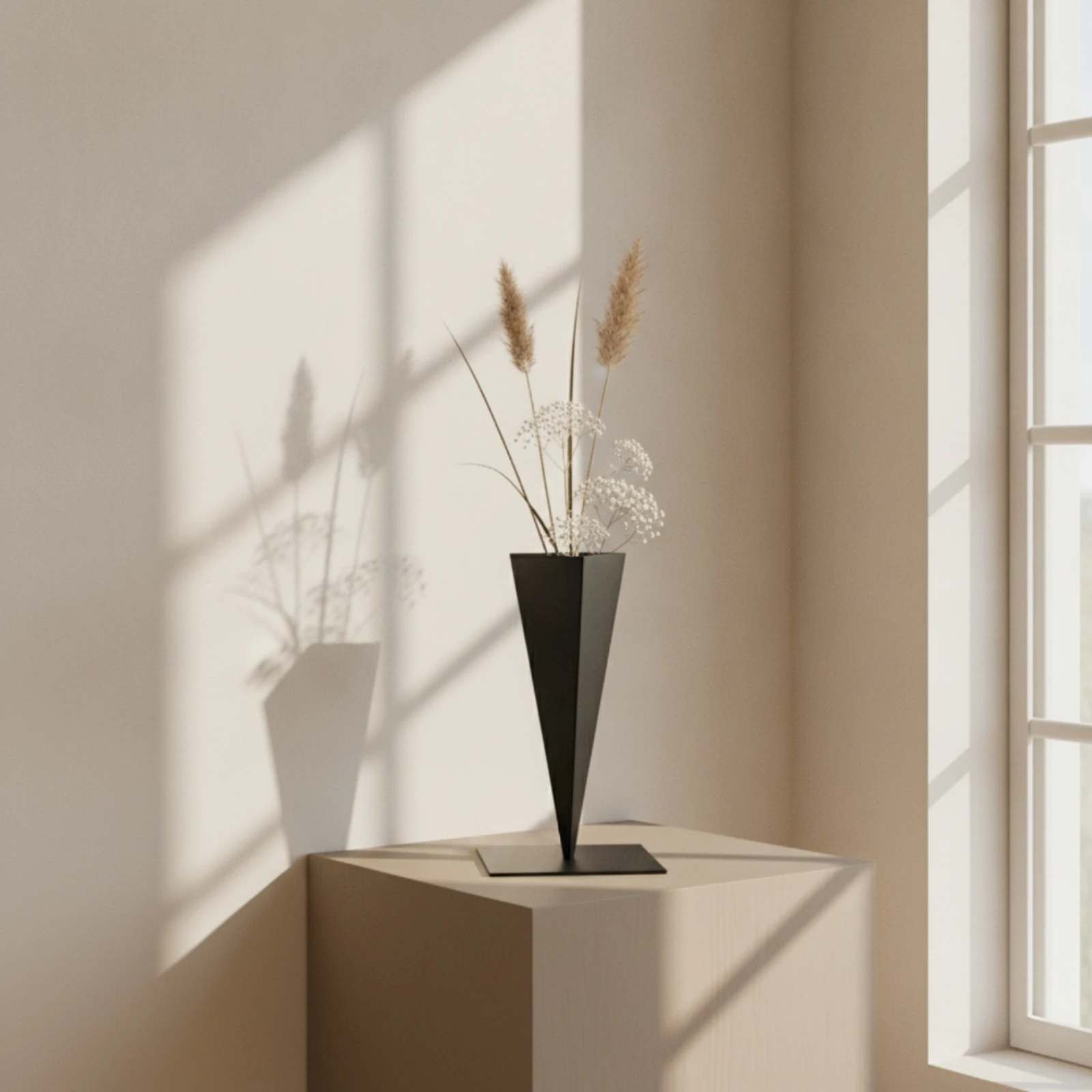 Iron Vase with Square Base Slender Triangular Vase Flower Holder Modern Vessel Contemporary for Minimalists, Living Room