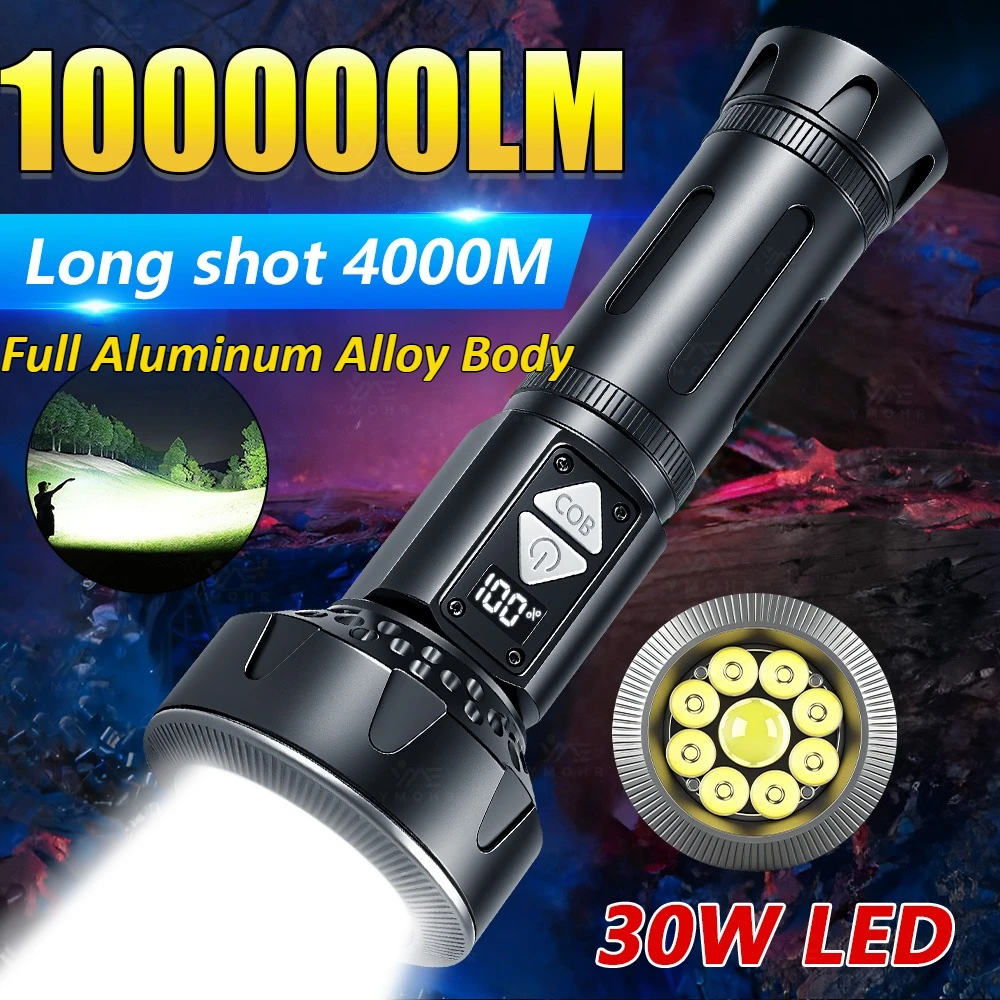 10000LM High Power LED Flashlight Rechargeable Long-Range Tactical Torch Side Ambient Light Strong Magnetic Lantern for Outdoor