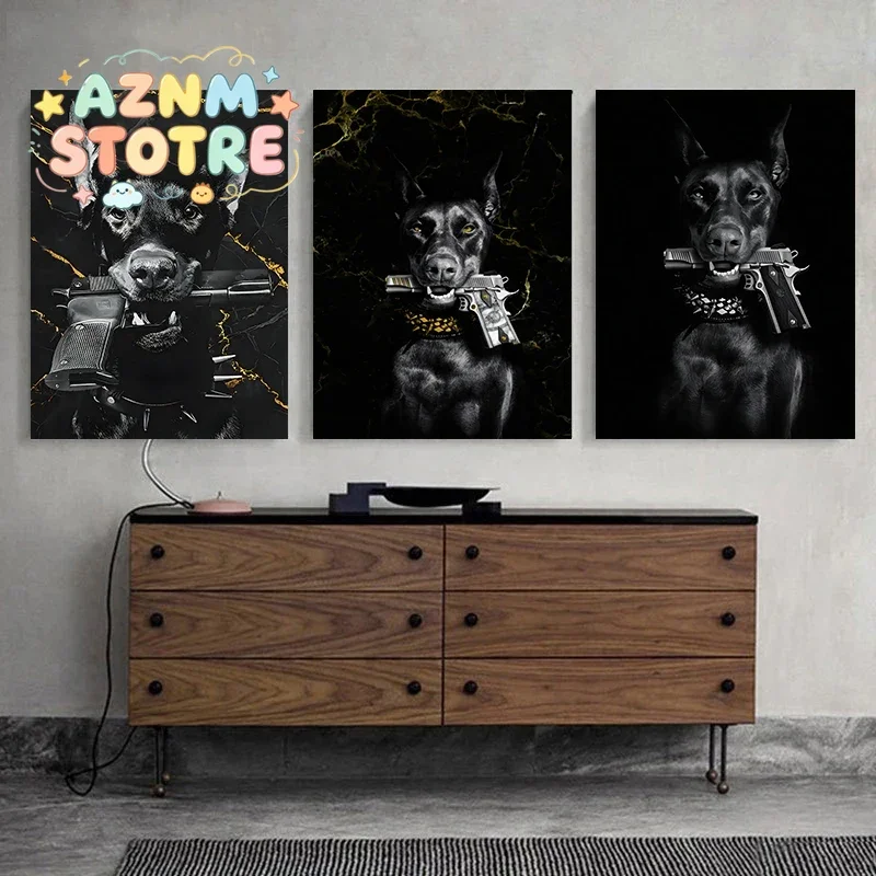Fashion Black Doberman Dog Lion With A Pistol Poster Canvas Painting And Print Luxury Animal Wall Art HD Picture Home Room De