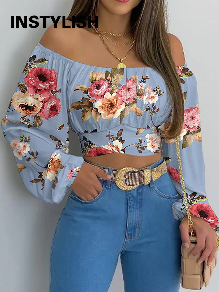 Women Elegant Boho Print Blouse Casual Long Lantern Sleeve Off Shoulder Slim Shirt Female Chic Cropped Top Summer Tunics