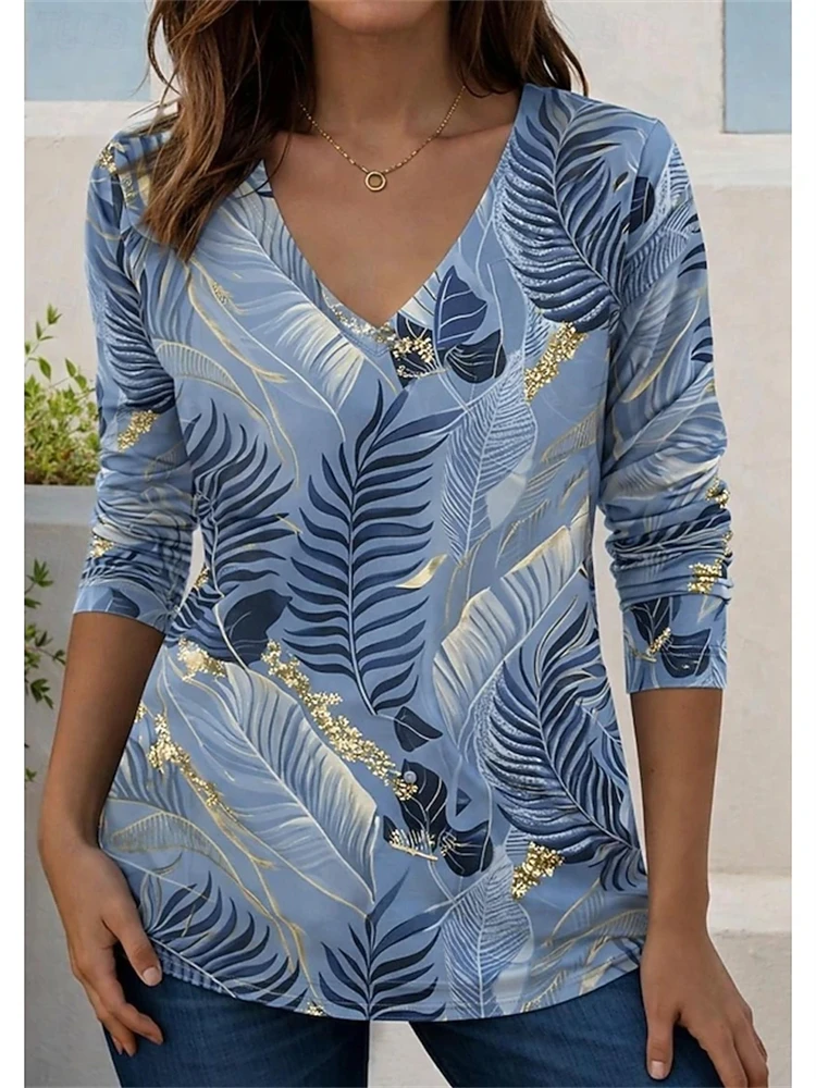 Women's Casual Long-Sleeve V-Neck T-Shirt with Minimalist Print Fall 2026 Soft Comfortable Top for Work and Commuting