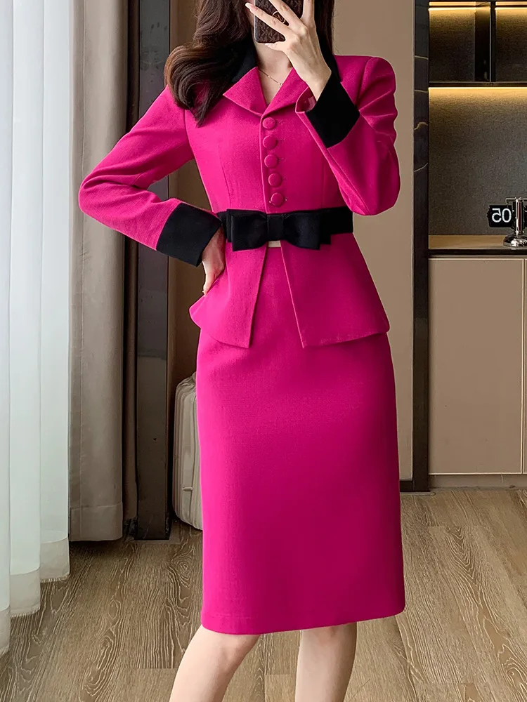 Elegante uniforme formal rosa com saia e jaquetas, ternos, estilos profissionais, entrevista de carreira, desgaste do trabalho de escritório, blazers