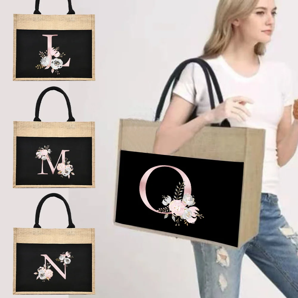 Jute Handbag Linen Shoulder Sacks Jute Imitation Sacks Linen Bags Women Shopping Tote Laminated Bags Designer Pink Flowers And