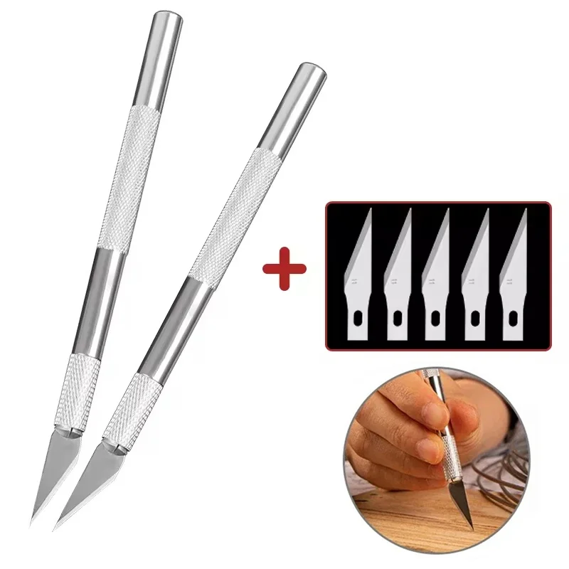 5Pcs Blades Sharp Replaceable Blades Engraving Scalpel Knife For Model Making Paper Cutting Anti Slip Metal Handle School Office