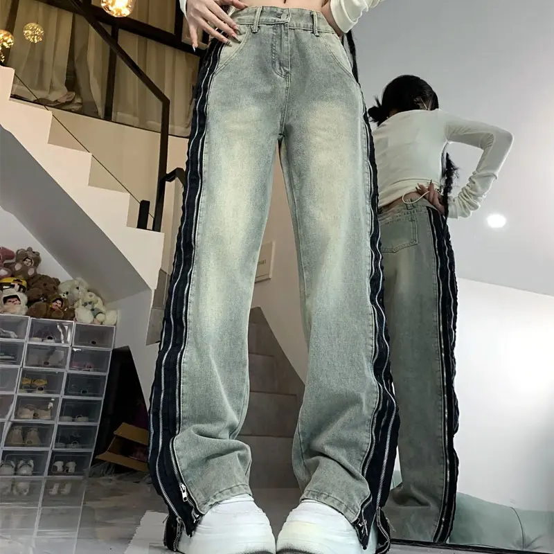 

Streetwear Side Zipper Distressed Trousers American Washed Female Clothing High Waist Button Vintage Straight High Street Jeans
