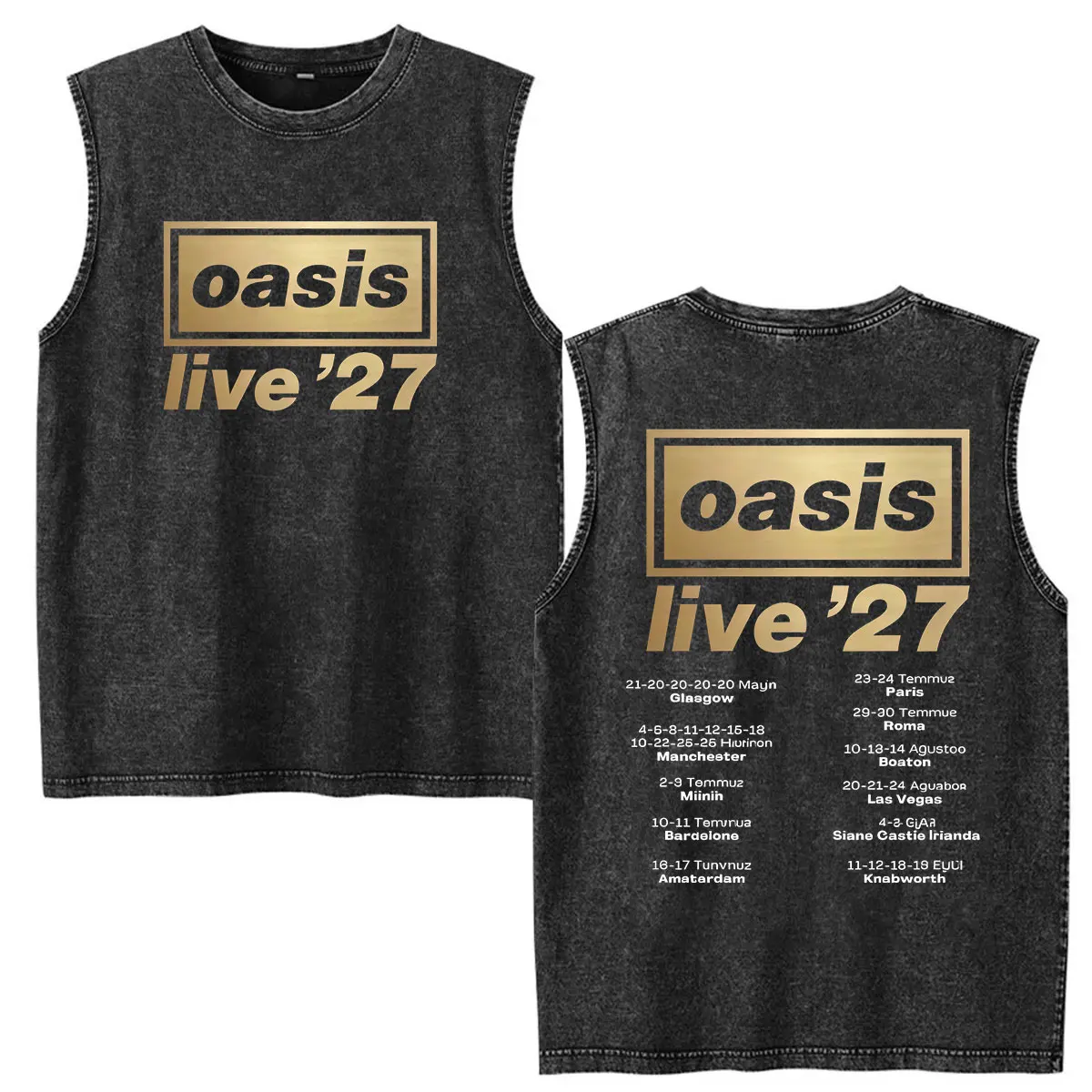 Vintage Washed Vest O-Oasis Live 2027 Tour Rock Band T Shirts Men Women Gothic Fashion Oversized 100% Cotton T-shirt Streetwear