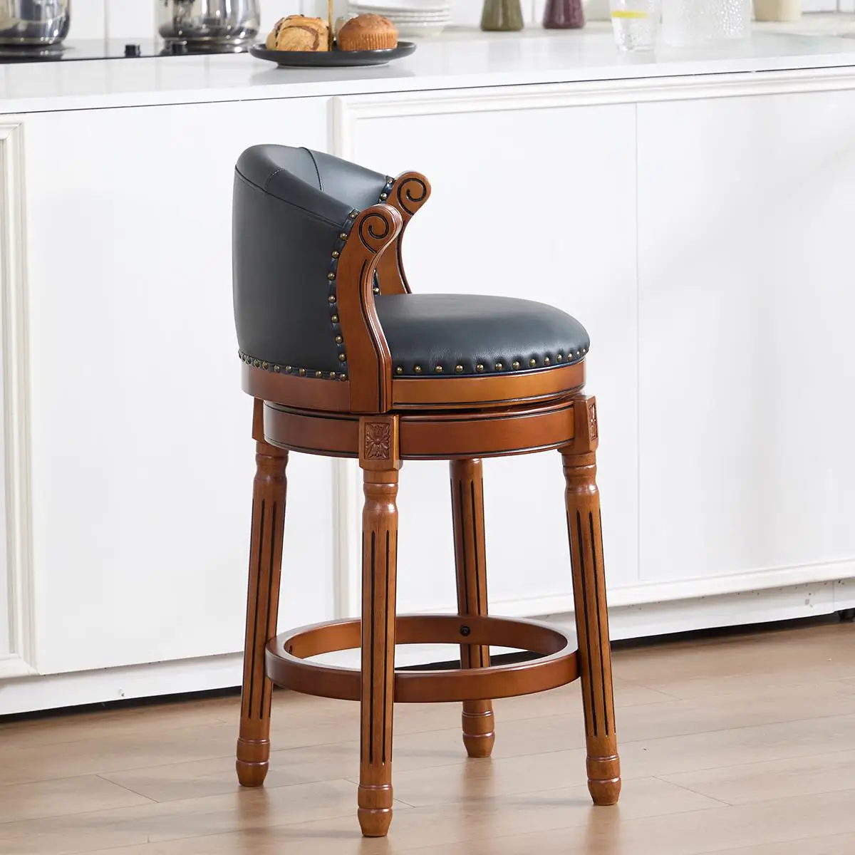 Cow Top Leather Bar Stools 26in Counter Height Wood Frame 360 Swivel Backrest for Kitchen Dining Room Home Office Blue