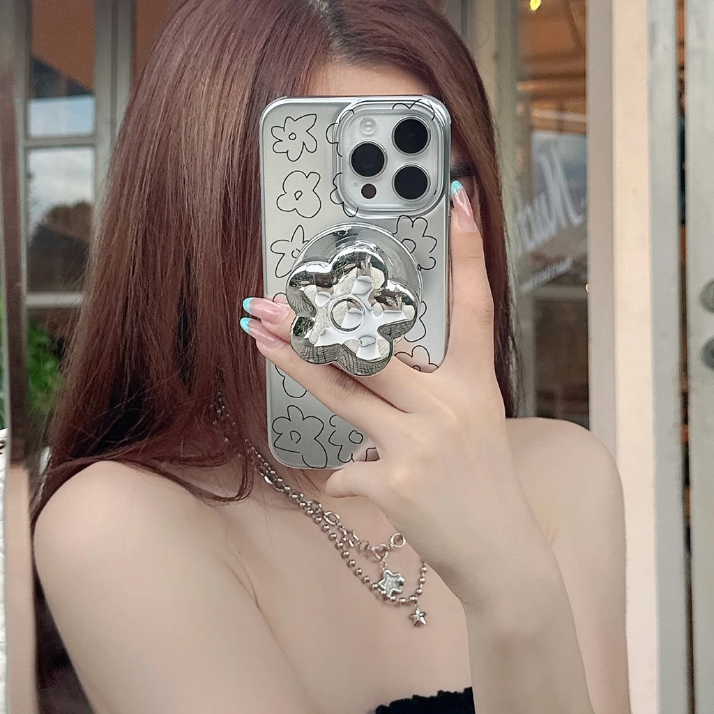 

Усовершенствованный матовый серебряный чехол с цветами и держателем, магнитный чехол для телефона с беспроводной зарядкой для iPhone 16, 15, 14, 13 Pro Max