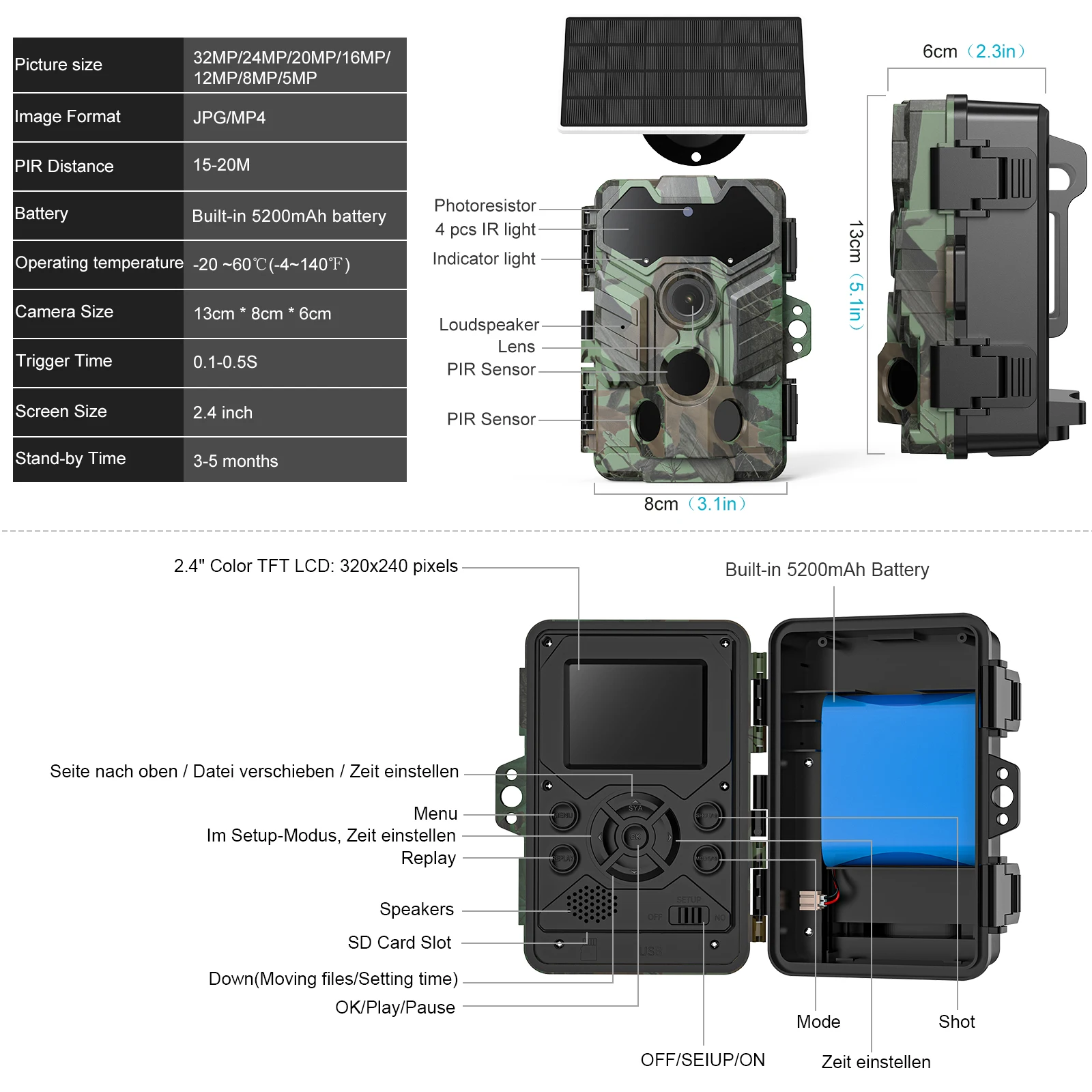 

Solar Hunting Trail Camera WIFI IP66 Waterproof 32M PIR Motion Detection Wildlife Camera IR Night Vision Device