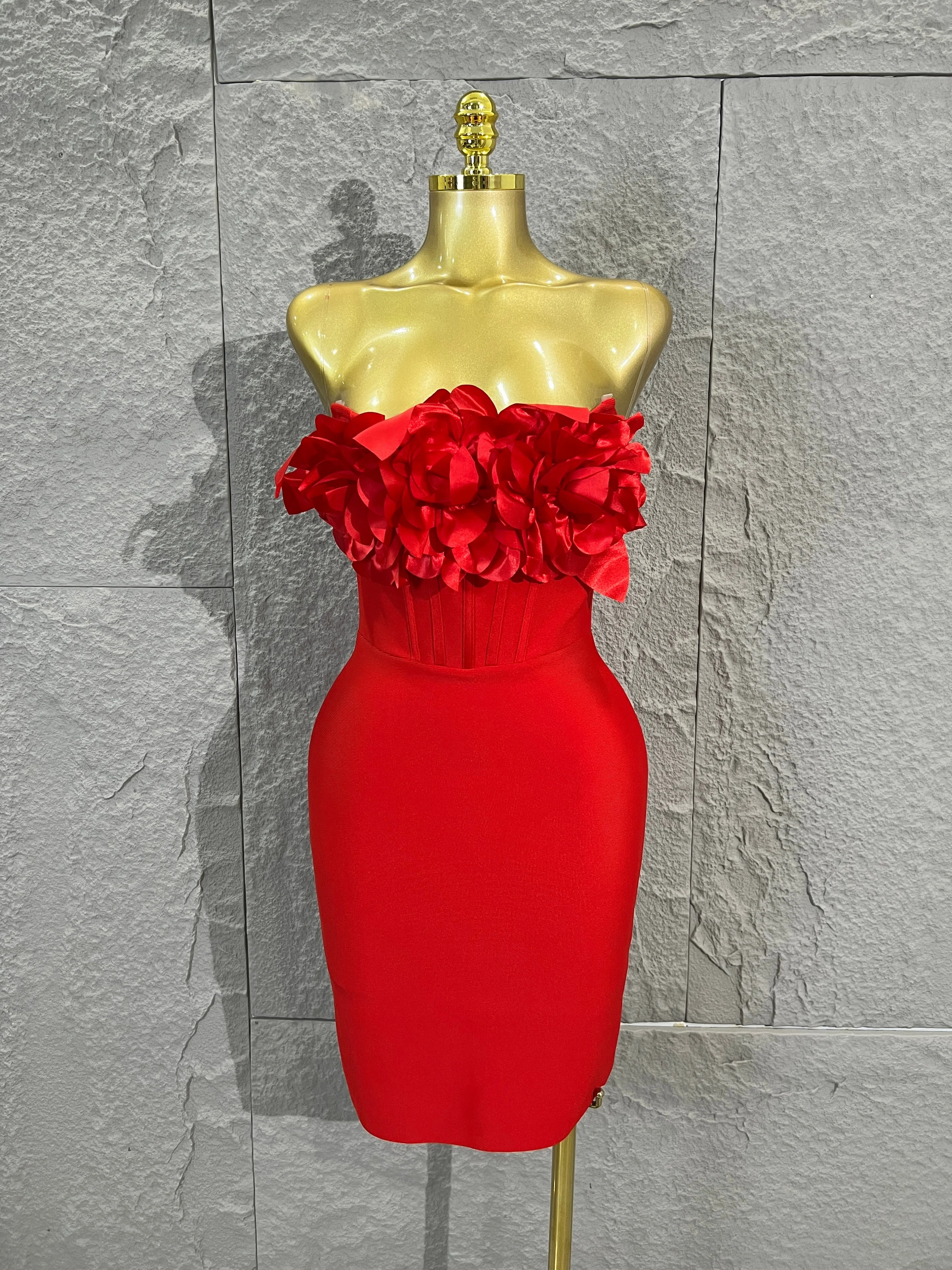 female Sexy Strapless 3D Floral Bandage Mini DressWomen Elegant Corset Bodycon Short PartyClub Evening Dress