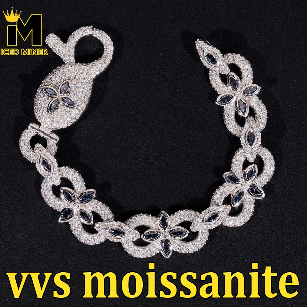 16mm Moissanite 8 Chain Bracelets Flower S925 For Women Iced Out Chain Hip Hop Jewelry Pass Diamonds Tester GRA Free Shipping