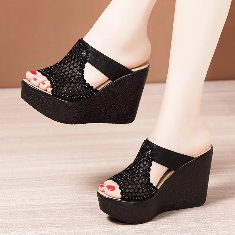 High quality wedge sandals for women 8cm 11cm high heel 2023 summer size 32 33 42 43 platform open toe fashion shoe black gold