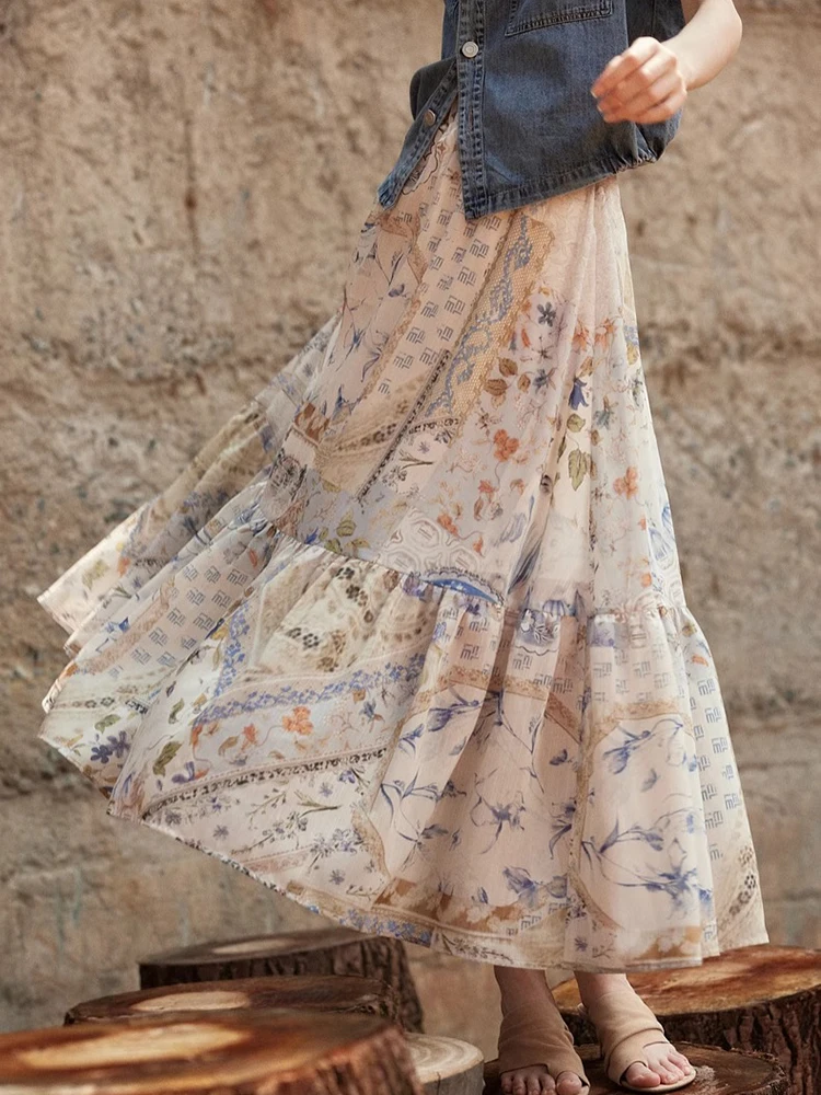 Jmprs Boho Vintage Print Long Skirt Women Beach Casual High Waist Loose Skirts Retro Sweet Lady High Quality A Line Long Skirts