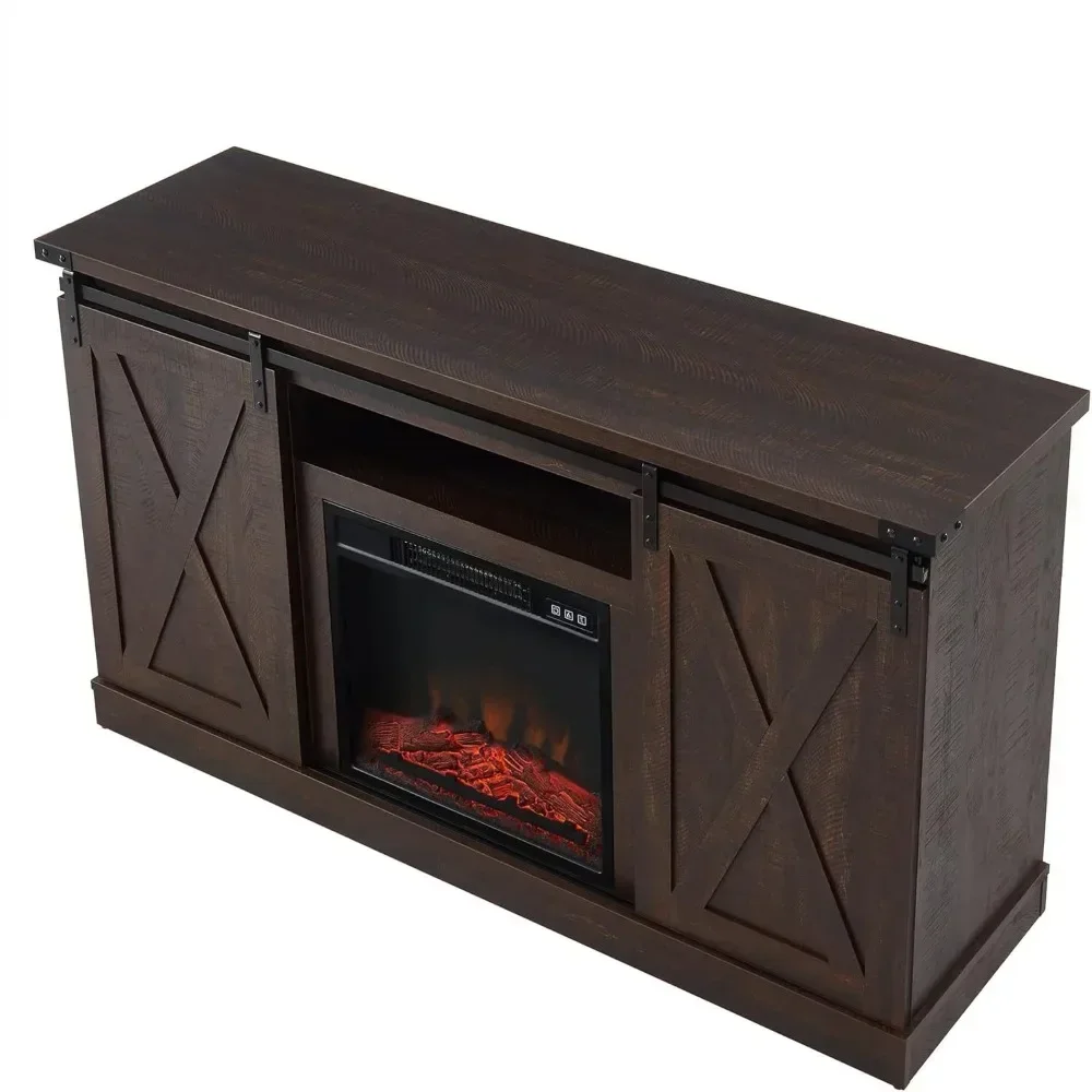 Farmhouse Electric Fireplace TV Stand for 60 Inch TV, Barn Door Entertainment Center with Fireplace and Open Storage,Dark Brown