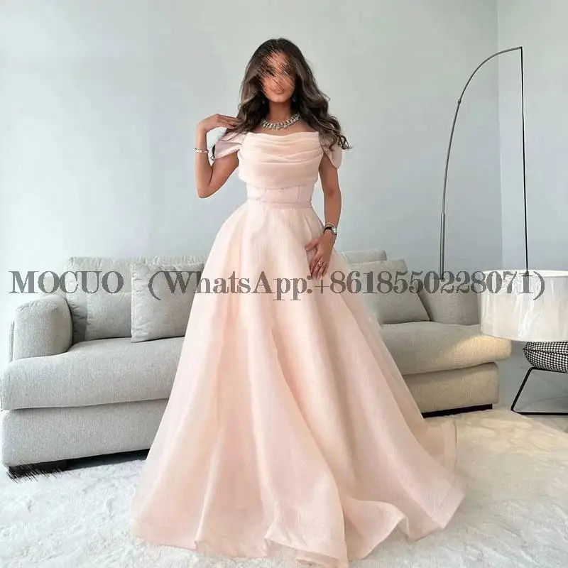 

Off The Shoulder Pink Organza A-line Prom Dresses Cowl Neck Pleat Arabic Dubai Long Dance Party Gowns Robe De Soirée