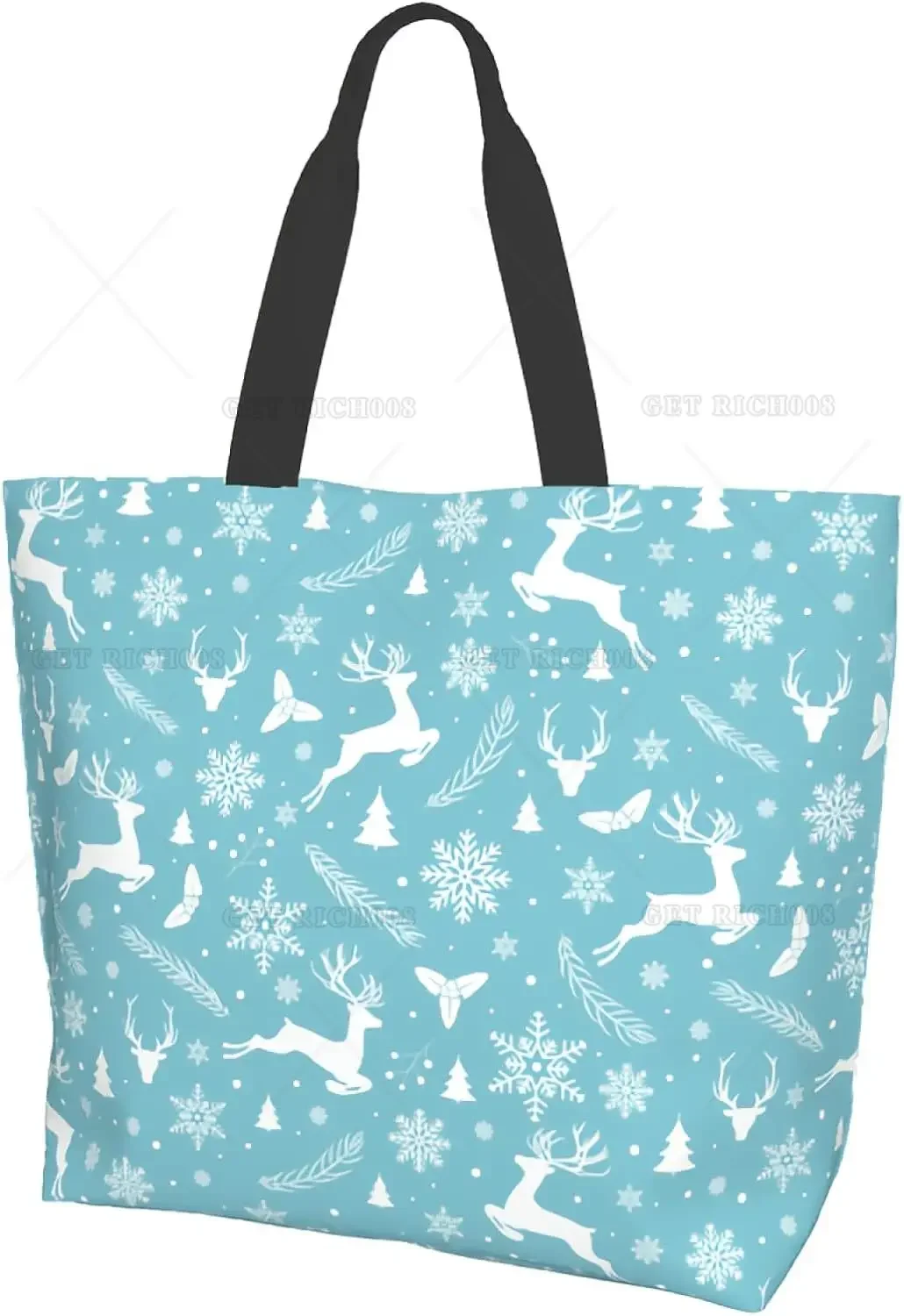 Winter Deer Blue Shoulder Bag Large Reusable Eco Shopping Bags Portable Storage Handbag Supermarket Bag Tote Bags for Women