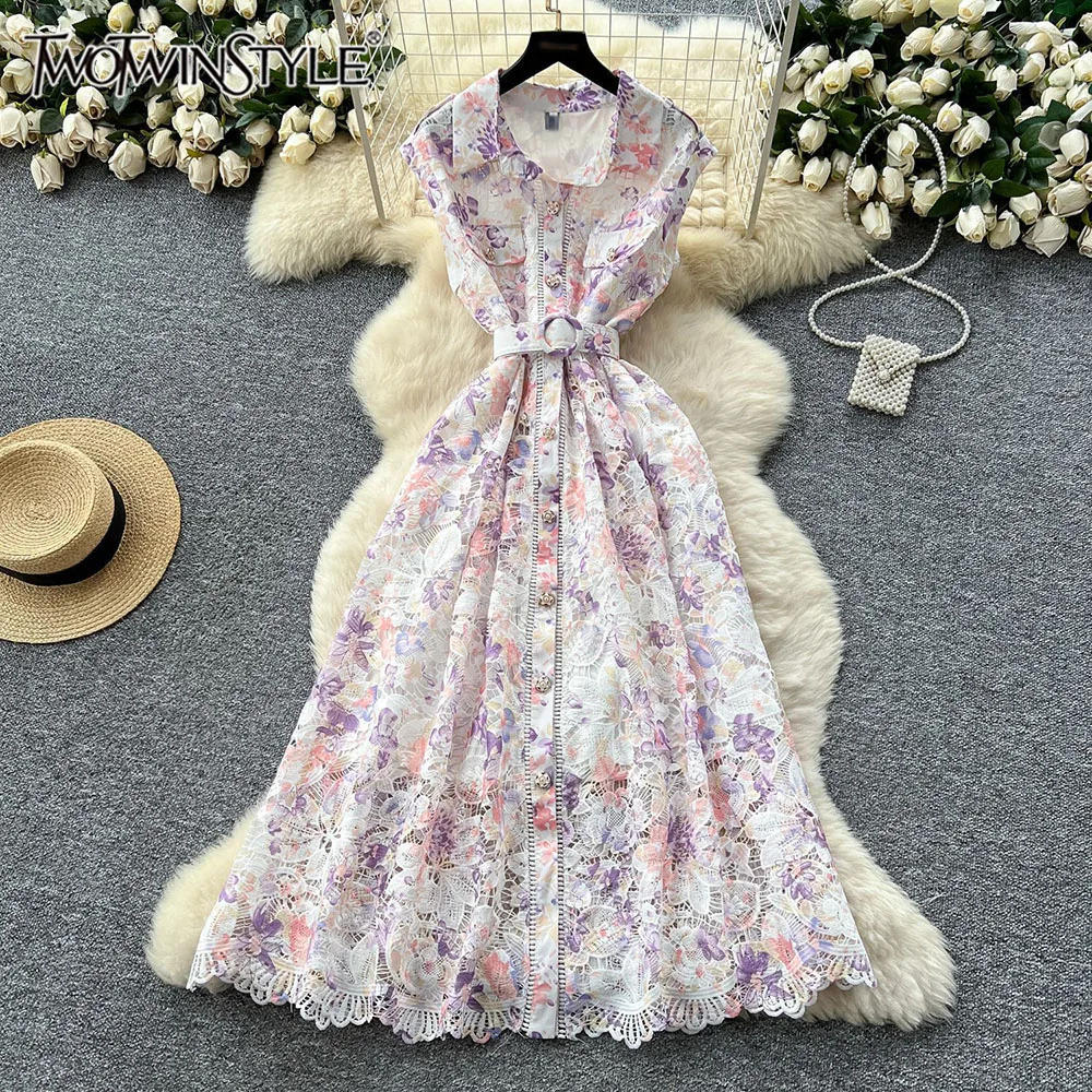 

TWOTWINSTYLE Hit Color Print Tunic Lace Dresses for Women Lapel Sleeveless High Waist Elegant Dress Female Fashion New KDR540144
