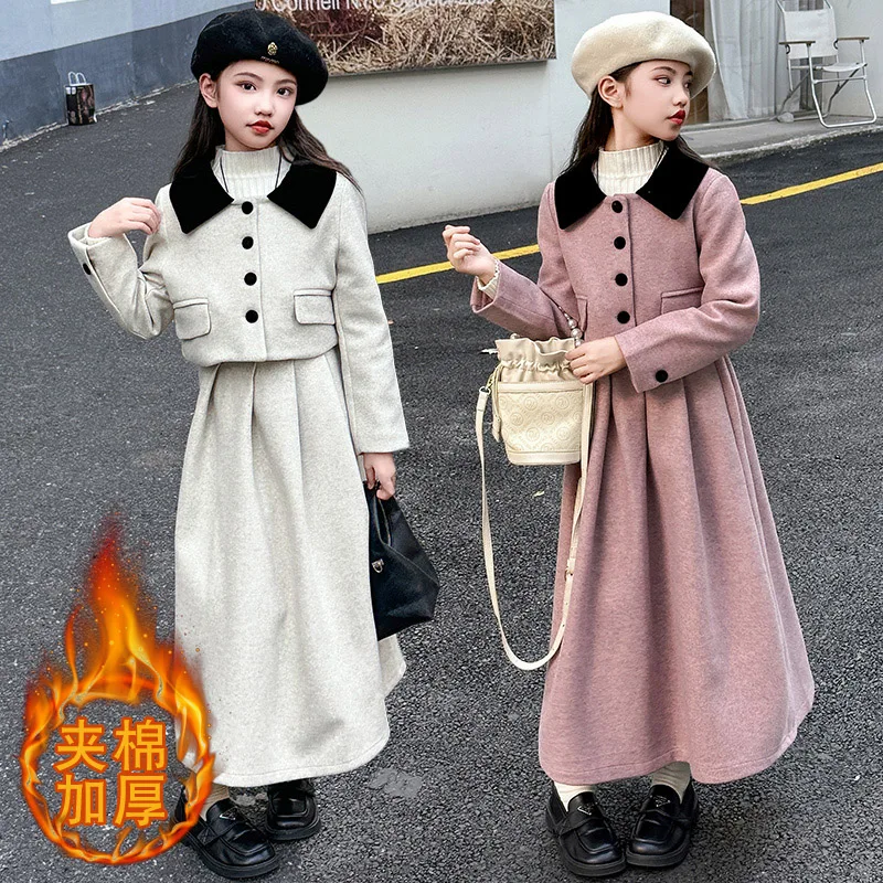 French design elegant teen girls Thick velvet clothes set Color collision coat+Pleated long skirt junior kids suit child outfits