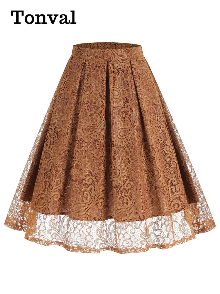 Tonval Retro Elastic Waist Green Solid Lace Overlay Pleated Skirt for Women 2023 Vintage Style Midi Skirts Elegant