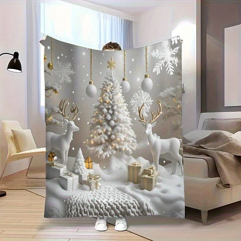 

1pc blanket with elk, Christmas tree, snowflake pattern, polyester fabric, machine washable, suitable for living room, bedroom