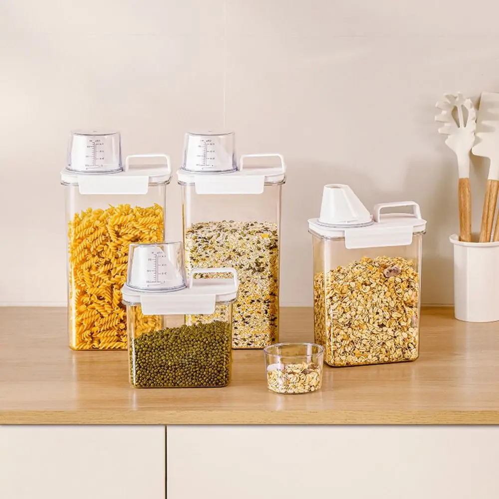 Airtight Grain Storage Box Transparent with Measuring Cup Food Storage Container Kitchen & Dining Household Cereal Jars