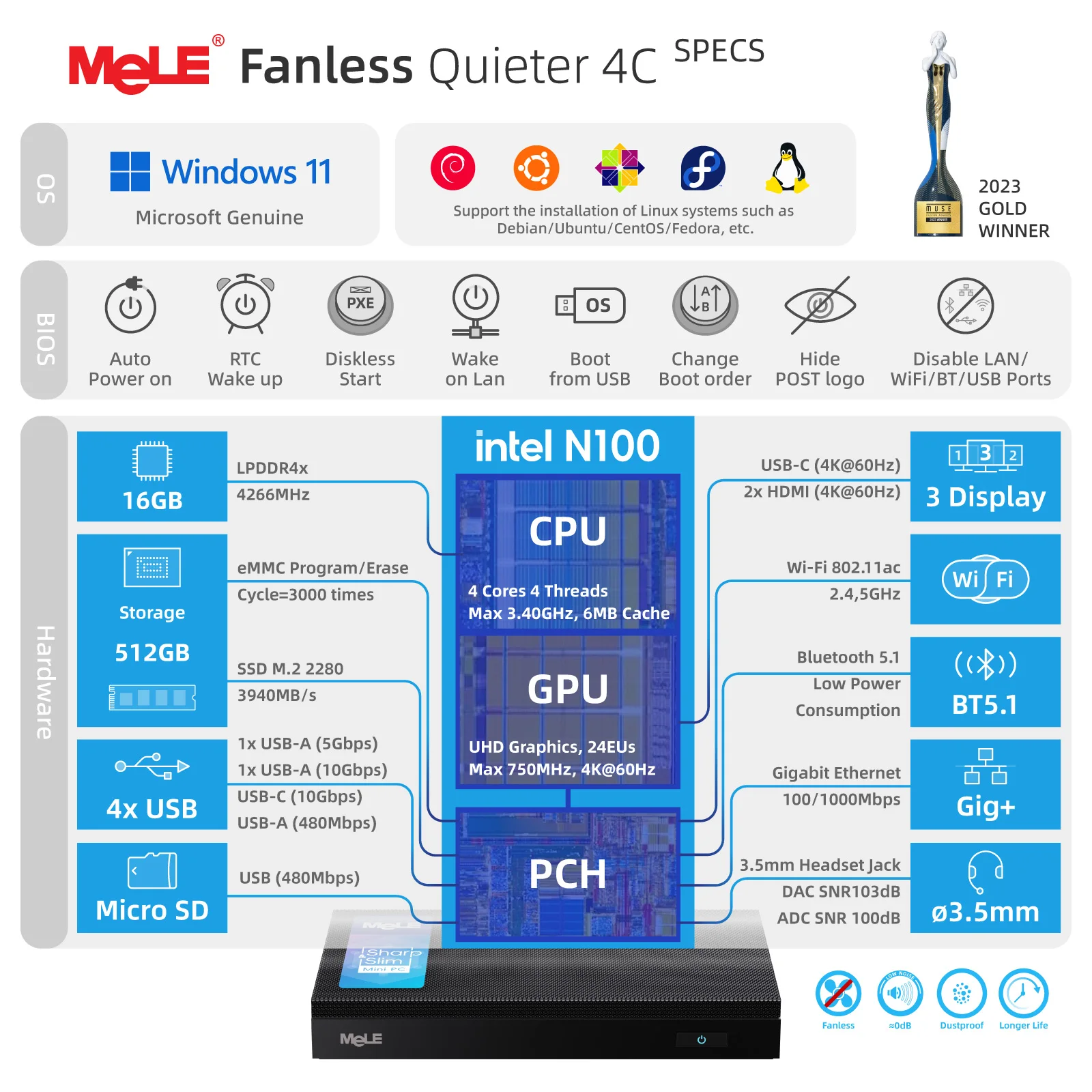 MeLE N100 Fanless Mini PC Micro Computer HDMI USB C Display Port 1.4 WiFi5 BT5.1 Quieter 4C
