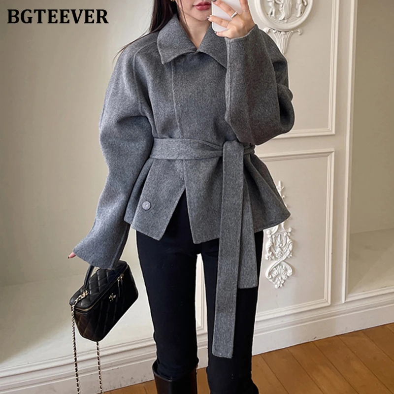 BGTEEVER Elegant Thicken Warm Women Blend Coats Autumn Winter Lapel Belted Female Woolen Jackets