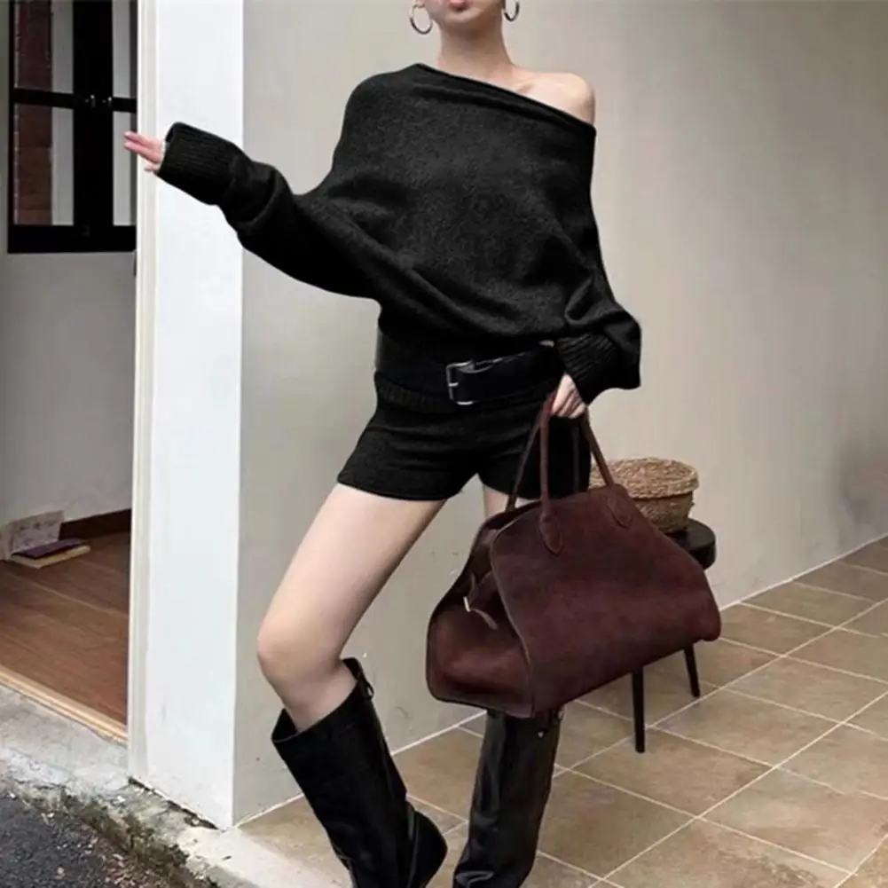 

Корейские модные женские вязаные комплекты из двух предметов, свитера с открытыми плечами и длинными рукавами + тонкие вязаные шорты, комплекты одежды