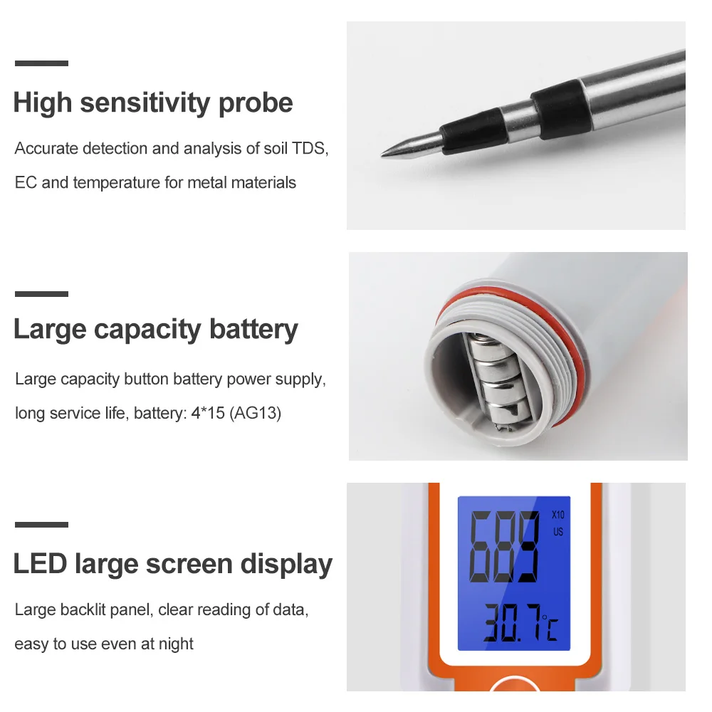 3 In 1 Soil EC TDS Meter Digital Soil Monitor Temperature Tester for Gardening Plants Farming Horticulture with Backlight ﻿