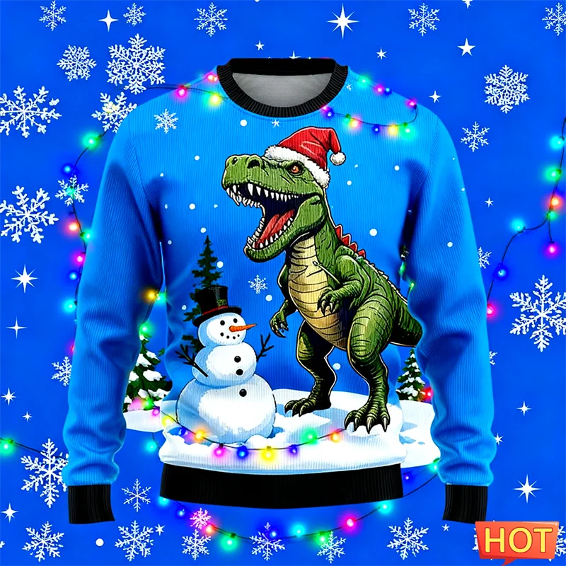 2026 جديد مضحك T-rex الجرافيك القبيح عيد الميلاد سترة العصرية الشارع الشهير ثلاثية الأبعاد مطبوعة عيد الميلاد بلوزات كول المتضخم رجالي البلوفرات #2