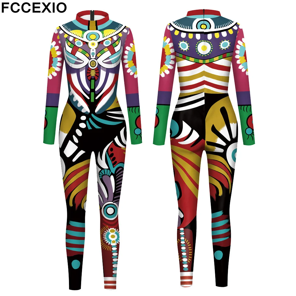 FCCEXIO Japanese Anime Print Cosplay Costume Geometry Pattern Women Jumpsuit Bodysuit Adult Carnival Party Clothing monos mujer