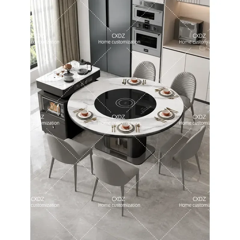 Black Rock Slab Island Dining Table with Integrated Induction Cooker Thermal Insulation Vegetable Warming Turntable Light