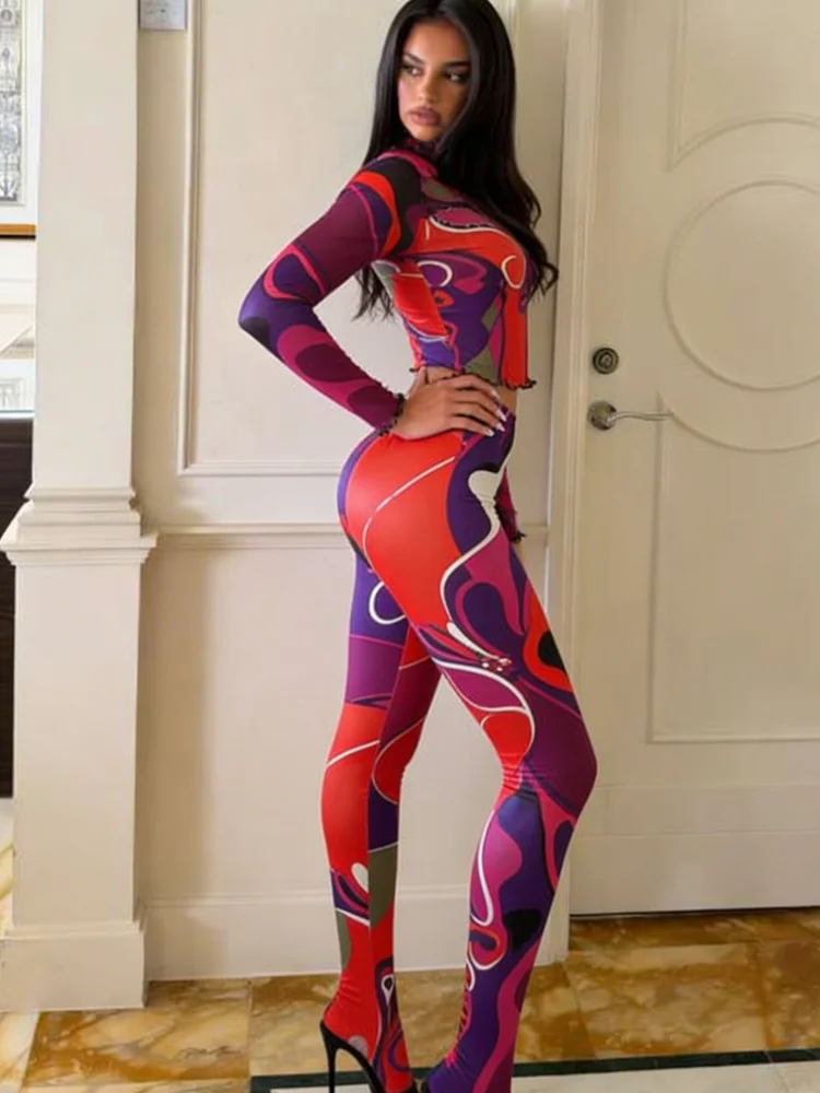 

Whatiwear Fashion 2-Piece Set Midnight Women Tracksuit Sporty Fall Crop Tops+Leggings Matching Colorful Print Sexy Streetwear